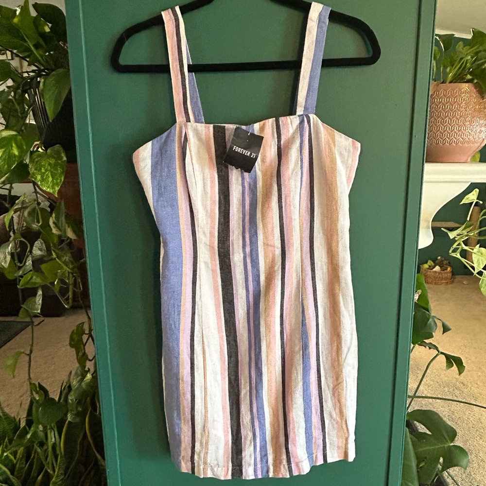 NWT forever 21 dress small linen cotton white blue